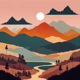 a painting that has mountains in the background,this is an illustration of a sunset on a mountain landscape
