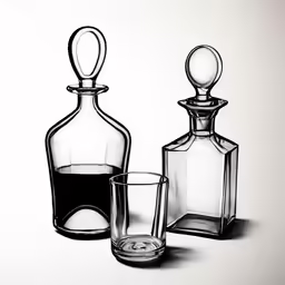 two glass bottles and one shot glass sitting on a table
