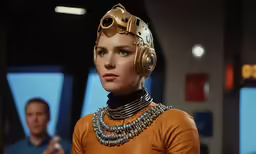 a women who has a weird face wearing a strange suit