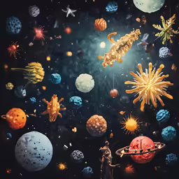 a painting of some planets and people inside