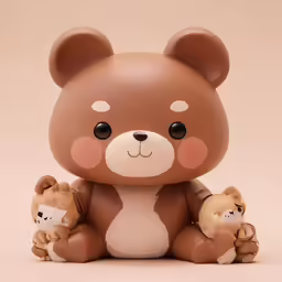 a little brown teddy bear sitting with two smaller bears