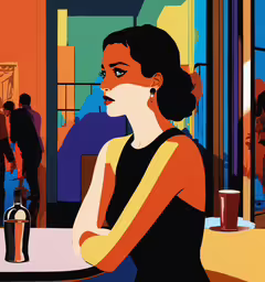 the lady is at a bar talking on her cell phone,a painting of a girl sitting at a table
