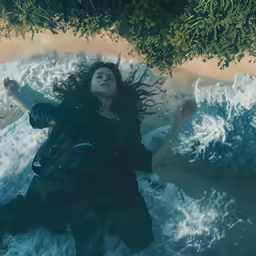 a woman is floating in the water and waving