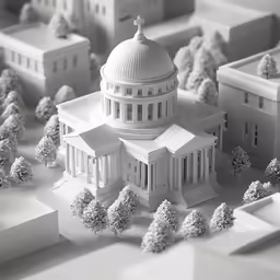 a white model of the us capitol building and surrounding trees