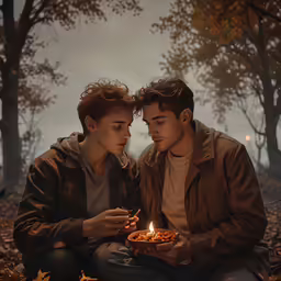 two people sitting on the ground holding a bowl full of food