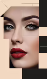 a woman with red lipstick and gold makeup