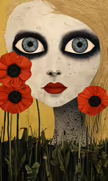 a drawing of a woman with blue eyes and red flowers on her face