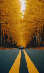 the long yellow street in a wooded area