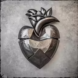 a metal heart sculpture with a flower arrangement made of silver and grey squares