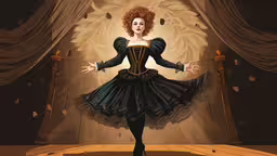a cartoon woman dressed in black clothing stands in front of stage curtains,an illustration of a beautiful young woman dancing on stage