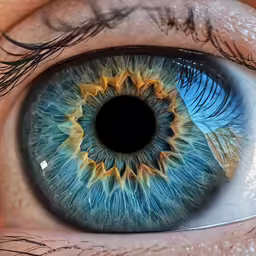 an eye has blue eyes and yellow details