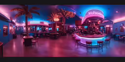 a bright restaurant with pink and blue lighting