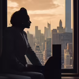 man with laptop looking over a city at sunset