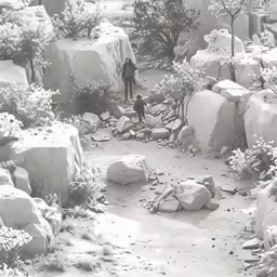 a person standing in a rocky area of rocks and trees