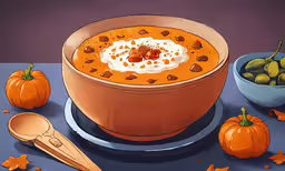a painting of a bowl of soup surrounded by pumpkins and olives,painting of an image of a large bowl of soup