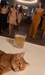 the cat is lying on the floor in front of the drink