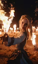 a woman pointing something towards the camera with fire in the background