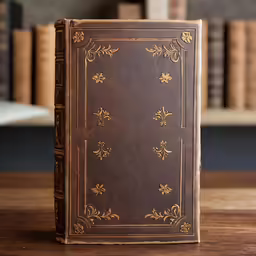 a book sitting on a wooden table in front of bookshelves