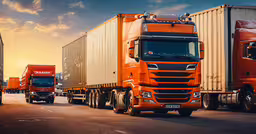 trucks traveling down a road during the sun set,orange trucks are driving in a line down the highway