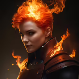 a female in leather gear in flames