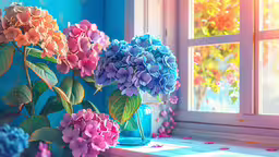 colorful hydrangeas are in a blue vase next to a window,the flower is in a vase on the window sill