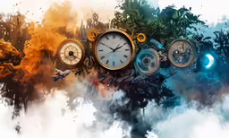 an abstract photograph of clocks in a forest of smoke