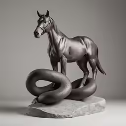 a grey horse standing on a silver sculpture