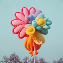 a bouquet of flowers shaped kites flies over trees