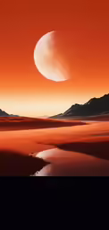 a sunset scene with the moon rising over a small lake