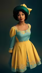 a beautiful woman in an orange and blue dress