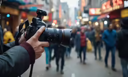a camera is pointed at the street with people walking in the background