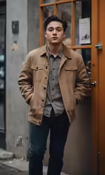 a man standing outside on the side of a building