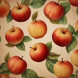 an old fashion picture of apples with leaves