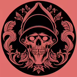 the artwork features a stylized skull wearing a hat with an intricate border around it