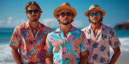 two men wearing tropical style clothing standing next to each other,two men wearing colorful clothing at the beach