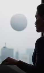 a woman looks out the window at the view of a ball in the sky