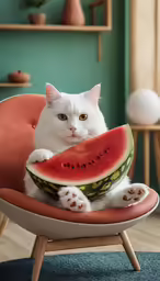 a cat sitting in an orange chair and eating watermelon