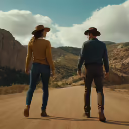a couple walks down a dirt road holding hands
