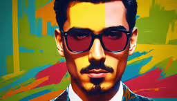 a colorful painting shows a man wearing red glasses,a portrait is featured with glasses and a suit