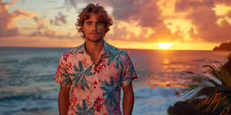 man in colorful shirt standing by the ocean at sunset,man in hawaiian shirt standing in front of the ocean