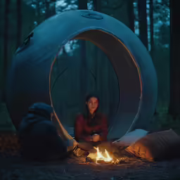 a woman sitting outside of a tent next to a camp fire