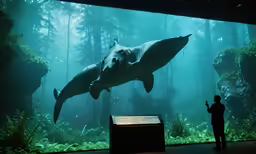 a woman standing in front of a huge display of a shark