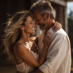 a man and a woman smile as they hug each other,a woman in a white dress embraces a man with long hair