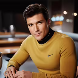 a male model wearing a yellow shirt poses for a portrait