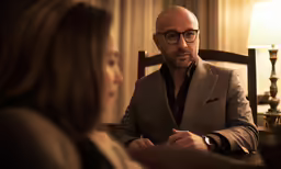 a man in a suit and glasses sits in a chair looking at the camera while another lady stands near him