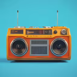 an orange radio with some audio player and buttons