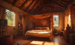 a bedroom with some windows and a large bed,there is a bed inside of a house