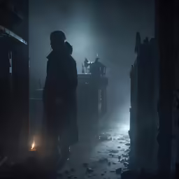 two people stand by an abandoned industrial factory in the fog