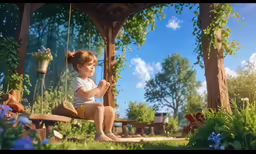 a young girl is sitting on a bench in a flowery park