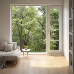 there is a couch near the window by the open window
